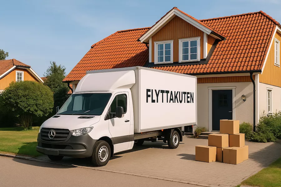 Flyttbil parkerad framför villa i Falkenberg